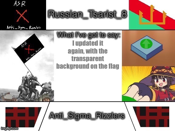 Russian_Tsarist_8 announcement temp Anti_Sigma_Rizzlers V3 | I updated it again, with the transparent background on the flag | image tagged in russian_taarist_8 announcement temp anti_sigma_rizzlers v3 | made w/ Imgflip meme maker