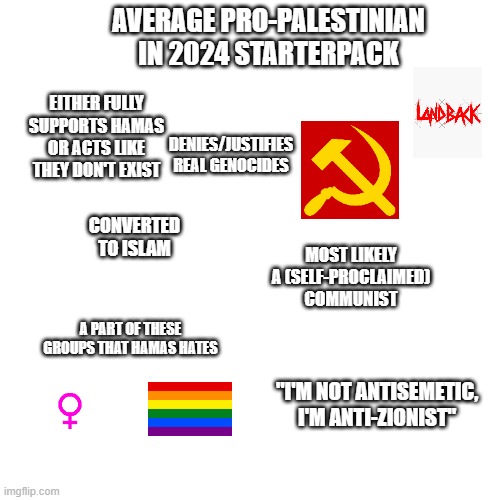 Starterpack | AVERAGE PRO-PALESTINIAN IN 2024 STARTERPACK; EITHER FULLY SUPPORTS HAMAS OR ACTS LIKE THEY DON'T EXIST; DENIES/JUSTIFIES REAL GENOCIDES; CONVERTED TO ISLAM; MOST LIKELY A (SELF-PROCLAIMED) COMMUNIST; A PART OF THESE GROUPS THAT HAMAS HATES; "I'M NOT ANTISEMETIC, I'M ANTI-ZIONIST" | image tagged in israel,palestine,islamic terrorism,memes,starter pack,stop reading the tags | made w/ Imgflip meme maker