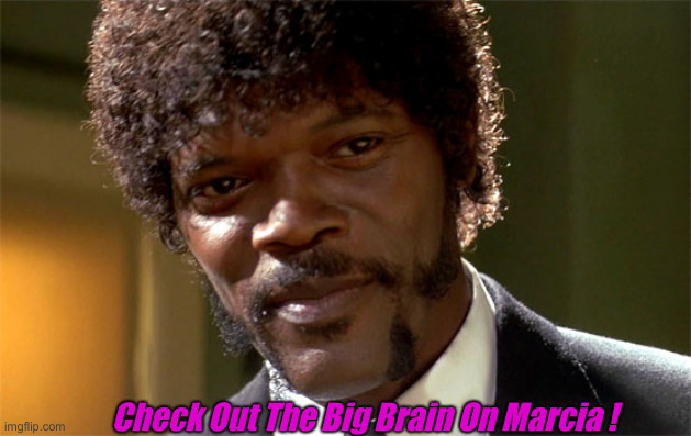 Samuel l jackson check out the big brain | Check Out The Big Brain On Marcia ! | image tagged in samuel l jackson check out the big brain | made w/ Imgflip meme maker