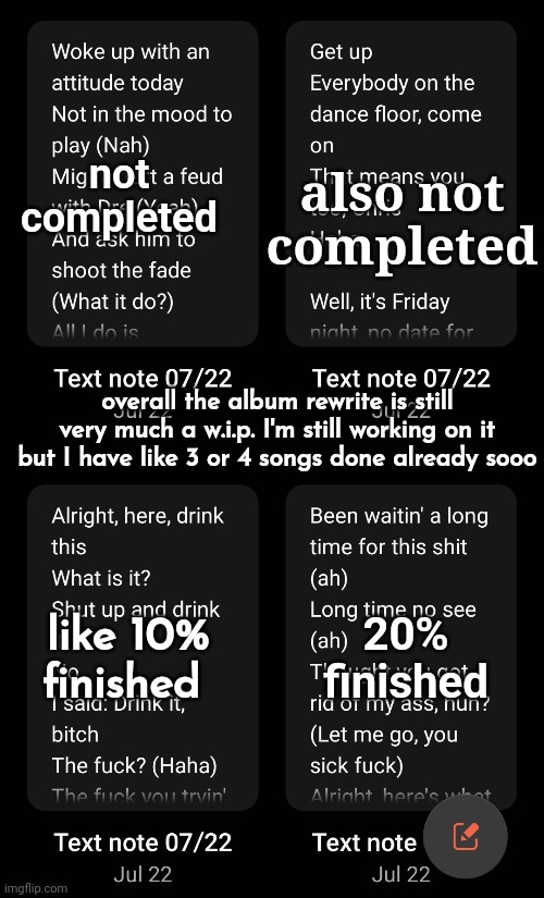 working on multiple songs at once so ill be done by Thursday I think | also not completed; not completed; overall the album rewrite is still very much a w.i.p. I'm still working on it but I have like 3 or 4 songs done already sooo; 20% finished; like 10% finished | made w/ Imgflip meme maker