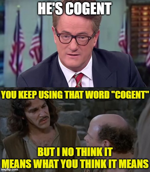 HE'S COGENT YOU KEEP USING THAT WORD "COGENT" BUT I NO THINK IT MEANS WHAT YOU THINK IT MEANS | image tagged in morning joe,you keep using that word | made w/ Imgflip meme maker