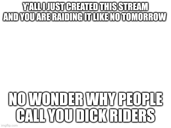 Y'ALL I JUST CREATED THIS STREAM AND YOU ARE RAIDING IT LIKE NO TOMORROW; NO WONDER WHY PEOPLE CALL YOU DICK RIDERS | made w/ Imgflip meme maker