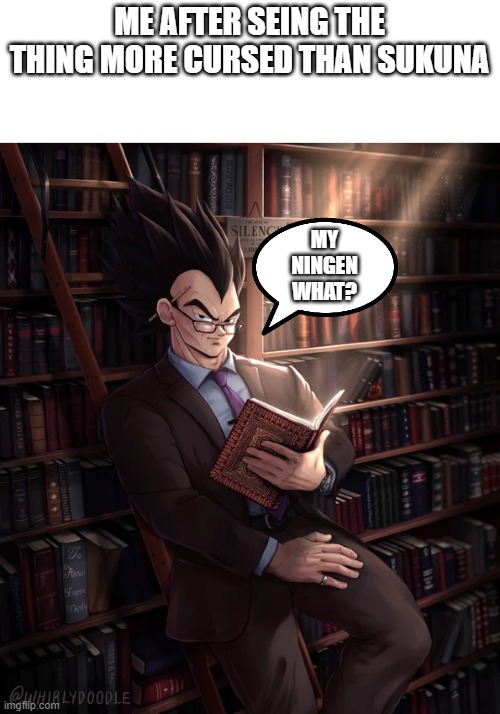 me slander 1 | ME AFTER SEING THE THING MORE CURSED THAN SUKUNA; MY NINGEN WHAT? | image tagged in librarian vegeta | made w/ Imgflip meme maker
