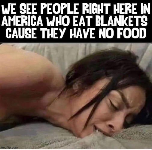 I personally would like to help this young lady... | WE SEE PEOPLE RIGHT HERE IN
AMERICA WHO EAT BLANKETS 
CAUSE THEY HAVE NO FOOD | image tagged in vince vance,hunger,blankets,america,memes,passion | made w/ Imgflip meme maker