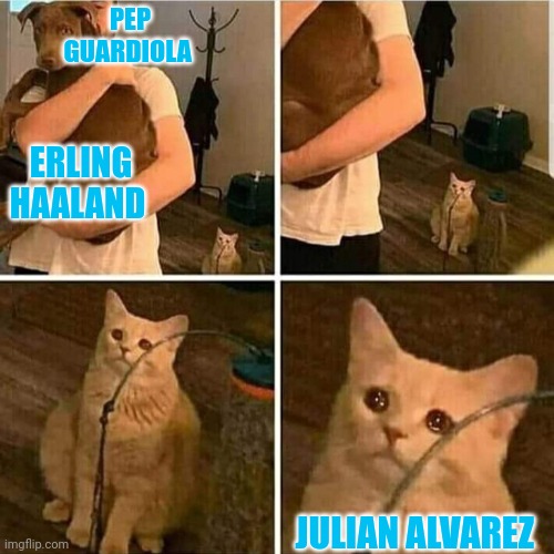 What Pep Guardiola didn't say to Julian Alvarez: "Just because you're a World Cup Champion, it doesn't mean you are a starter at | PEP GUARDIOLA; ERLING HAALAND; JULIAN ALVAREZ | image tagged in sad cat holding dog | made w/ Imgflip meme maker