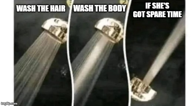 Don't Lie Women | WASH THE BODY; IF SHE'S GOT SPARE TIME; WASH THE HAIR | image tagged in sex jokes | made w/ Imgflip meme maker