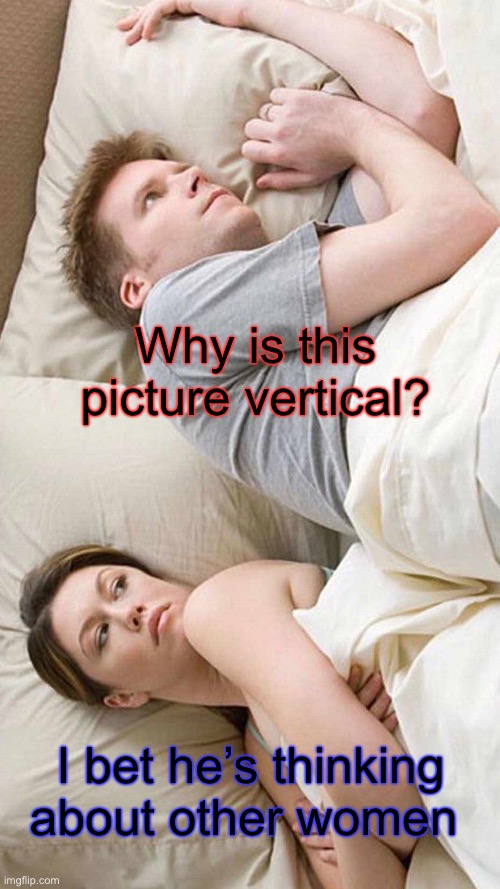 Vertical | Why is this picture vertical? I bet he’s thinking about other women | image tagged in memes,i bet he's thinking about other women | made w/ Imgflip meme maker