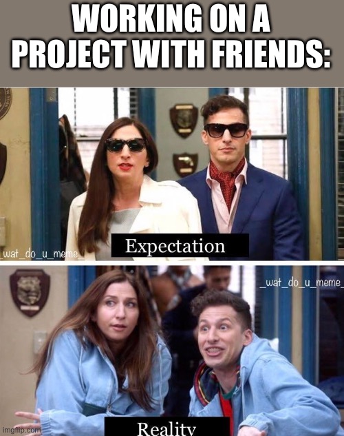 Expectation vs reality Brooklyn nine nine | WORKING ON A PROJECT WITH FRIENDS: | image tagged in expectation vs reality brooklyn nine nine | made w/ Imgflip meme maker