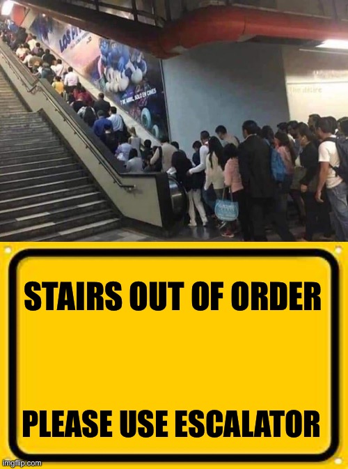 When the stairs are out of order | STAIRS OUT OF ORDER; PLEASE USE ESCALATOR | image tagged in memes,blank yellow sign,broken,lazy | made w/ Imgflip meme maker