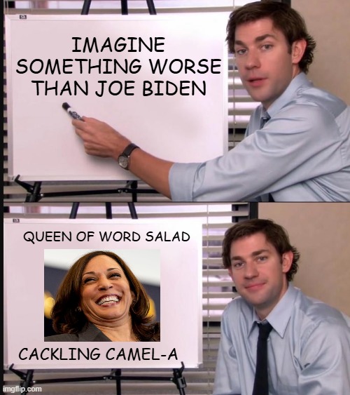 Jim Halpert Pointing to Whiteboard | IMAGINE
SOMETHING WORSE
THAN JOE BIDEN; QUEEN OF WORD SALAD; CACKLING CAMEL-A | image tagged in jim halpert pointing to whiteboard | made w/ Imgflip meme maker