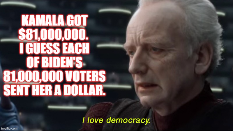 Democracy | KAMALA GOT $81,000,000. 
I GUESS EACH OF BIDEN'S 81,000,000 VOTERS SENT HER A DOLLAR. | image tagged in i love democracy,kamala,biden,campaign | made w/ Imgflip meme maker