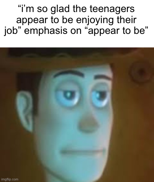 disappointed woody | “i’m so glad the teenagers appear to be enjoying their job” emphasis on “appear to be” | image tagged in disappointed woody | made w/ Imgflip meme maker