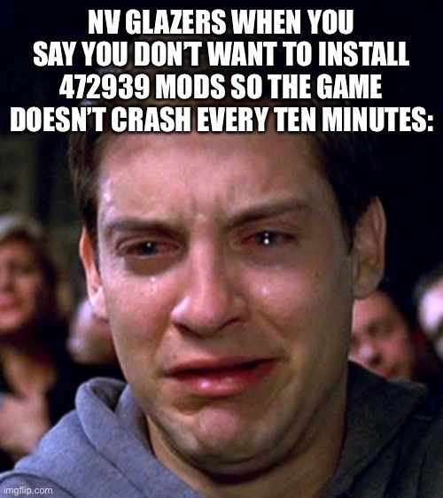 crying peter parker | NV GLAZERS WHEN YOU SAY YOU DON’T WANT TO INSTALL 472939 MODS SO THE GAME DOESN’T CRASH EVERY TEN MINUTES: | image tagged in crying peter parker | made w/ Imgflip meme maker