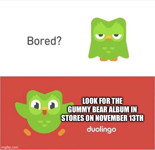 DUOLINGO BORED | LOOK FOR THE GUMMY BEAR ALBUM IN STORES ON NOVEMBER 13TH | image tagged in duolingo bored | made w/ Imgflip meme maker