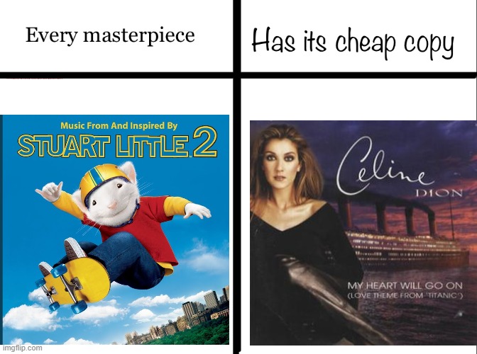 Screw that song about the boat, we all know Stuart Little 2's I'm Alive is the Certified Hood Classic we all love! | image tagged in every masterpiece has its cheap copy,memes,celine dion,stuart little,titanic | made w/ Imgflip meme maker