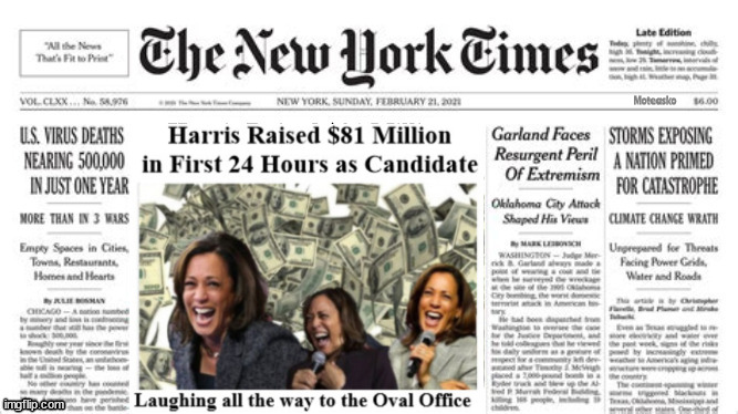 Laughing all the way to the? | Moteasko | image tagged in new york times,harris haul,laughing all the way toi the bank,small donors,big money,maga misery | made w/ Imgflip meme maker