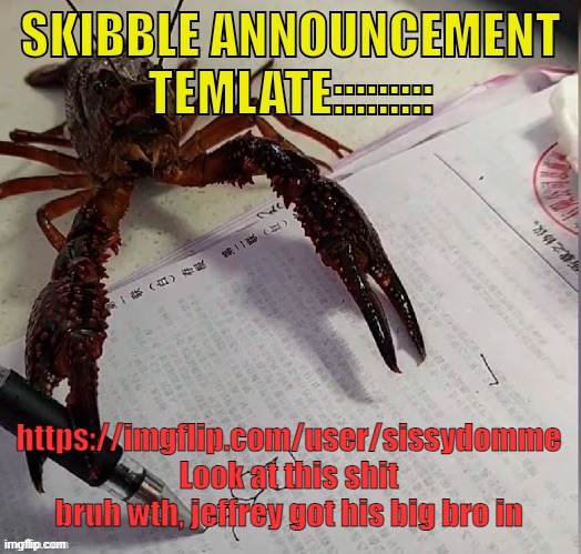 Skibbles announcement template v2 | https://imgflip.com/user/sissydomme Look at this shit bruh wth, jeffrey got his big bro in | image tagged in skibbles announcement template v2 | made w/ Imgflip meme maker