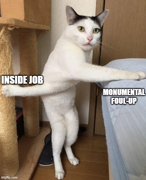 Cat Twisted Can't Decide Cannot | INSIDE JOB MONUMENTAL FOUL-UP | image tagged in cat twisted can't decide cannot | made w/ Imgflip meme maker