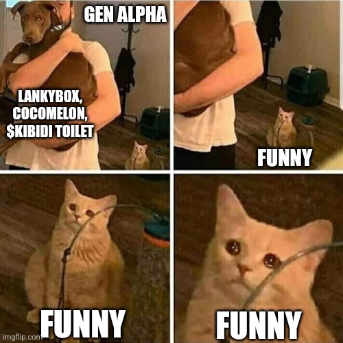 Sad Cat Holding Dog | GEN ALPHA; LANKYBOX, COCOMELON, $KIBIDI TOILET; FUNNY; FUNNY; FUNNY | image tagged in sad cat holding dog | made w/ Imgflip meme maker