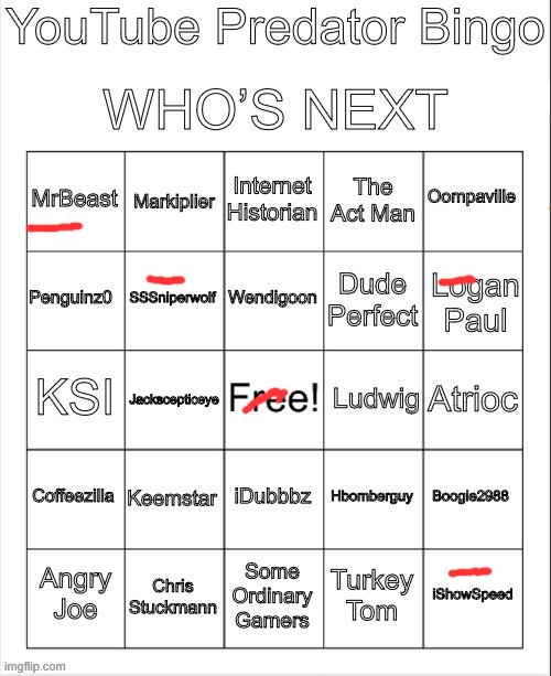 Youtube predator bingo | image tagged in youtube predator bingo | made w/ Imgflip meme maker