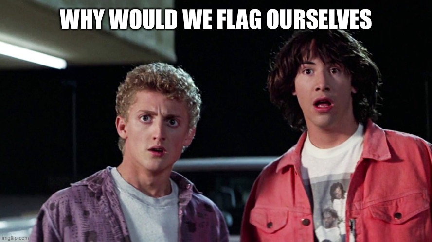 Bill and ted | WHY WOULD WE FLAG OURSELVES | image tagged in bill and ted | made w/ Imgflip meme maker
