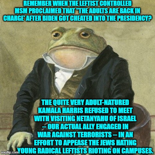 Nothing says 'adult' like deliberately 'blowing' your projected image of political maturity. | REMEMBER WHEN THE LEFTIST CONTROLLED MSM PROCLAIMED THAT "THE ADULTS ARE BACK IN CHARGE' AFTER BIDEN GOT CHEATED INTO THE PRESIDENCY? THE QUITE VERY ADULT-NATURED KAMALA HARRIS REFUSED TO MEET WITH VISITING NETANYAHU OF ISRAEL -- OUR ACTUAL ALLY ENGAGED IN WAR AGAINST TERRORISTS -- IN AN EFFORT TO APPEASE THE JEWS HATING YOUNG RADICAL LEFTISTS RIOTING ON CAMPUSES. | image tagged in yep | made w/ Imgflip meme maker