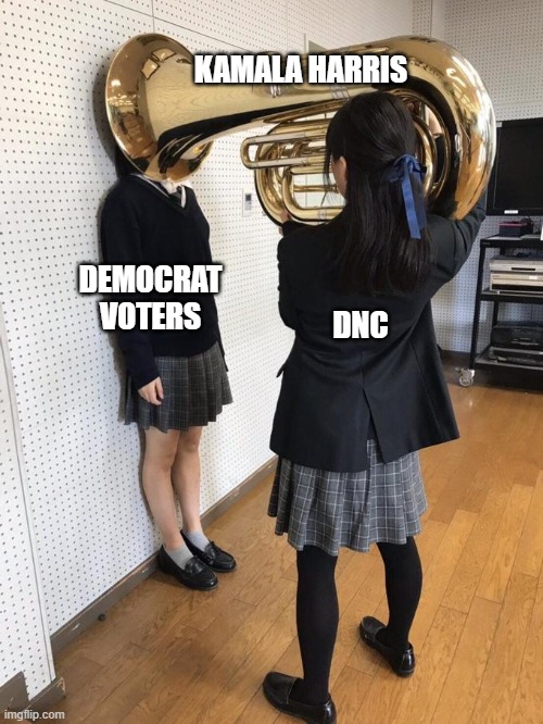 Saving Democracy | KAMALA HARRIS; DEMOCRAT VOTERS; DNC | image tagged in girl putting tuba on girl's head | made w/ Imgflip meme maker