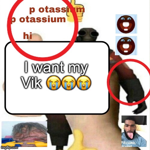 potassium announcement template | I want my Vik 😭😭😭 | image tagged in potassium announcement template | made w/ Imgflip meme maker