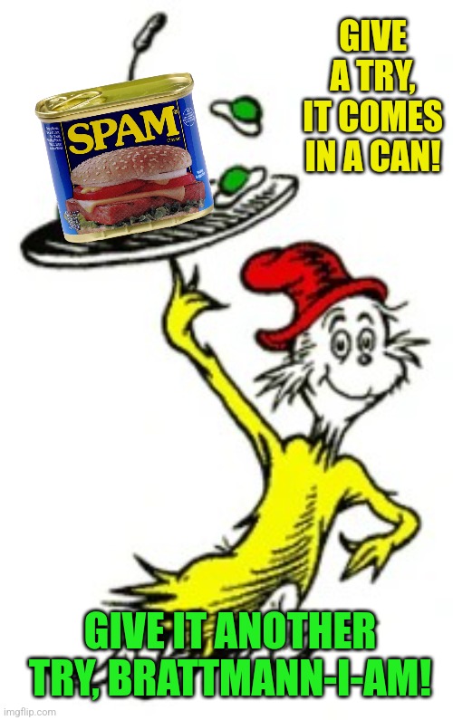 I-Am-Sam Dr. Seuss | GIVE A TRY, IT COMES IN A CAN! GIVE IT ANOTHER TRY, BRATTMANN-I-AM! | image tagged in i-am-sam dr seuss | made w/ Imgflip meme maker