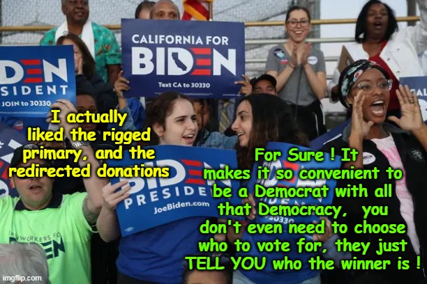 Democratic Democracy  They even rig their OWN elections | For Sure ! It makes it so convenient to be a Democrat with all that Democracy,  you don't even need to choose who to vote for, they just TELL YOU who the winner is ! I actually liked the rigged primary, and the redirected donations | image tagged in democrat rig their own elections meme | made w/ Imgflip meme maker