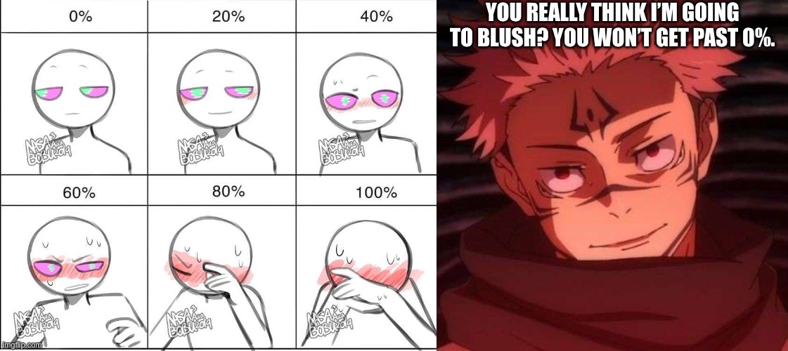 I bet my life savings /srs | YOU REALLY THINK I’M GOING TO BLUSH? YOU WON’T GET PAST 0%. | image tagged in try to make me blush meme,sukuna | made w/ Imgflip meme maker