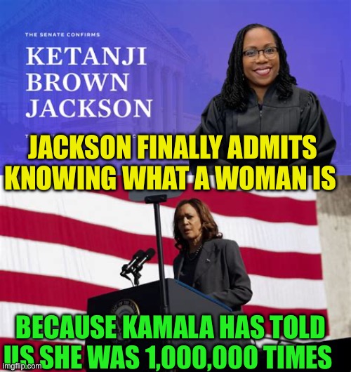 Now, do other Democrats know what a woman is? | JACKSON FINALLY ADMITS KNOWING WHAT A WOMAN IS; BECAUSE KAMALA HAS TOLD US SHE WAS 1,000,000 TIMES | image tagged in gifs,democrats,kamala harris | made w/ Imgflip meme maker