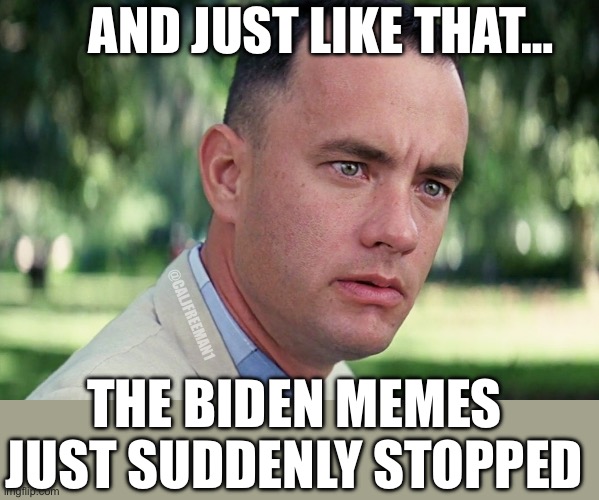 And Just Like That | AND JUST LIKE THAT…; @CALJFREEMAN1; THE BIDEN MEMES JUST SUDDENLY STOPPED | image tagged in memes,and just like that,joe biden,presidential race,kamala harris,maga | made w/ Imgflip meme maker