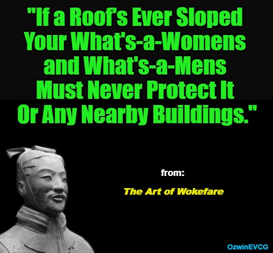 The Art of Wokefare [UV] | "If a Roof's Ever Sloped 

Your What's-a-Womens 

and What's-a-Mens 

Must Never Protect It 

Or Any Nearby Buildings."; from:; The Art of Wokefare; OzwinEVCG | image tagged in sun tzu,trump rally shooting,secret service,clown world,msm lies,deep state | made w/ Imgflip meme maker