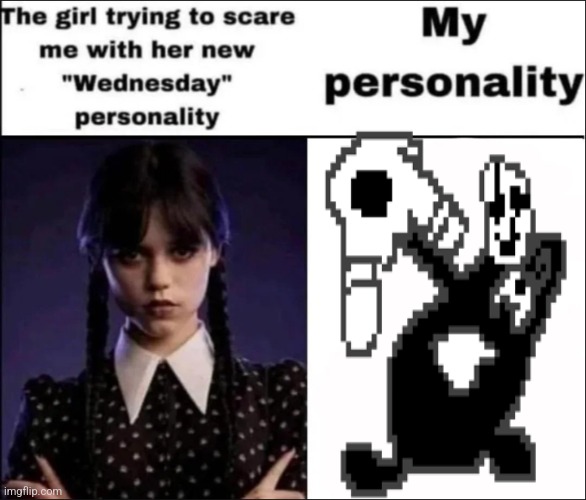 The girl trying to scare me with her new Wednesday personality | image tagged in the girl trying to scare me with her new wednesday personality | made w/ Imgflip meme maker
