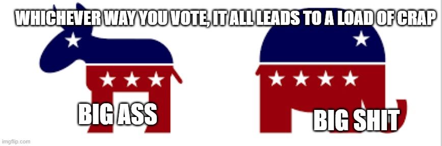 dems vs reps | BIG ASS BIG SHIT WHICHEVER WAY YOU VOTE, IT ALL LEADS TO A LOAD OF CRAP | image tagged in dems vs reps | made w/ Imgflip meme maker