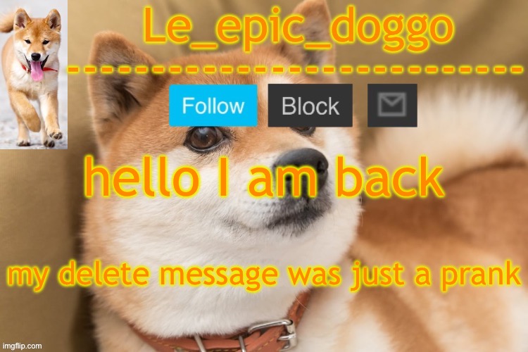 epic doggo's temp back in old fashion | hello I am back; my delete message was just a prank | image tagged in epic doggo's temp back in old fashion | made w/ Imgflip meme maker