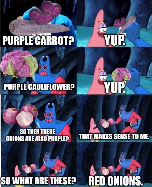 REd oNiOnS | image tagged in patrick star and man ray,red onions | made w/ Imgflip meme maker