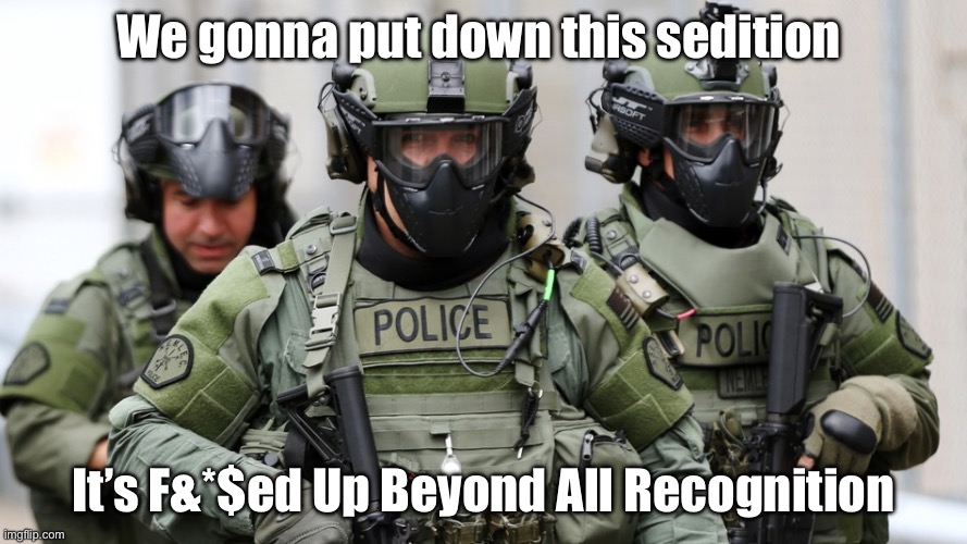 FUBAR | We gonna put down this sedition; It’s F&*$ed Up Beyond All Recognition | image tagged in military police,sedition,riot | made w/ Imgflip meme maker