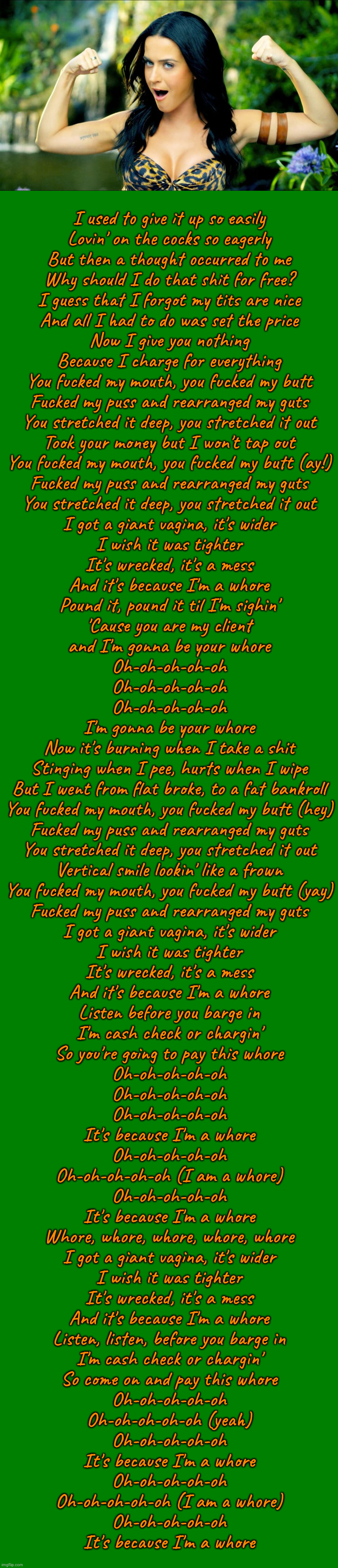 wish I'd written this when the song came out | I used to give it up so easily
Lovin' on the cocks so eagerly
But then a thought occurred to me
Why should I do that shit for free?
I guess that I forgot my tits are nice
And all I had to do was set the price
Now I give you nothing
Because I charge for everything
You fucked my mouth, you fucked my butt
Fucked my puss and rearranged my guts
You stretched it deep, you stretched it out
Took your money but I won't tap out
You fucked my mouth, you fucked my butt (ay!)
Fucked my puss and rearranged my guts
You stretched it deep, you stretched it out
I got a giant vagina, it's wider
I wish it was tighter
It's wrecked, it's a mess
And it's because I'm a whore
Pound it, pound it til I'm sighin'
'Cause you are my client
and I'm gonna be your whore
Oh-oh-oh-oh-oh
Oh-oh-oh-oh-oh
Oh-oh-oh-oh-oh
I'm gonna be your whore
Now it's burning when I take a shit
Stinging when I pee, hurts when I wipe
But I went from flat broke, to a fat bankroll
You fucked my mouth, you fucked my butt (hey)
Fucked my puss and rearranged my guts
You stretched it deep, you stretched it out
Vertical smile lookin' like a frown
You fucked my mouth, you fucked my butt (yay)
Fucked my puss and rearranged my guts
I got a giant vagina, it's wider
I wish it was tighter
It's wrecked, it's a mess
And it's because I'm a whore
Listen before you barge in
I'm cash check or chargin'
So you're going to pay this whore
Oh-oh-oh-oh-oh
Oh-oh-oh-oh-oh
Oh-oh-oh-oh-oh
It's because I'm a whore
Oh-oh-oh-oh-oh
Oh-oh-oh-oh-oh (I am a whore)
Oh-oh-oh-oh-oh
It's because I'm a whore
Whore, whore, whore, whore, whore
I got a giant vagina, it's wider
I wish it was tighter
It's wrecked, it's a mess
And it's because I'm a whore
Listen, listen, before you barge in
I'm cash check or chargin'
So come on and pay this whore
Oh-oh-oh-oh-oh
Oh-oh-oh-oh-oh (yeah)
Oh-oh-oh-oh-oh
It's because I'm a whore
Oh-oh-oh-oh-oh
Oh-oh-oh-oh-oh (I am a whore)
Oh-oh-oh-oh-oh
It's because I'm a whore | image tagged in katy perry - roar,blank green template | made w/ Imgflip meme maker