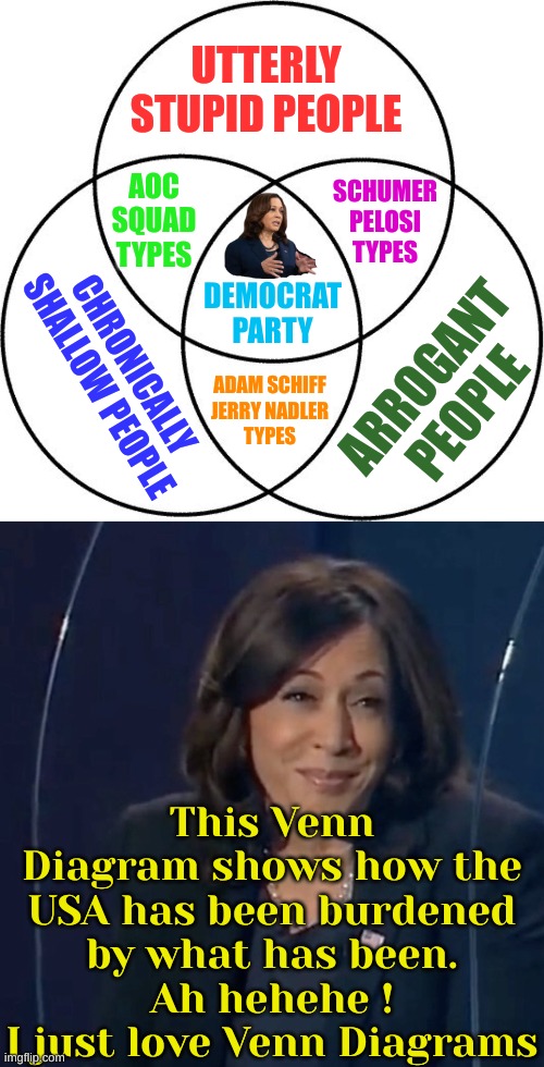 The Burdening of America. Help unburden it in November | UTTERLY STUPID PEOPLE; AOC
SQUAD
TYPES; SCHUMER
PELOSI
TYPES; DEMOCRAT PARTY; CHRONICALLY SHALLOW PEOPLE; ARROGANT PEOPLE; ADAM SCHIFF
JERRY NADLER
TYPES; This Venn Diagram shows how the USA has been burdened by what has been.
Ah hehehe !
I just love Venn Diagrams | image tagged in venn diagram,kamala harris vp debate | made w/ Imgflip meme maker