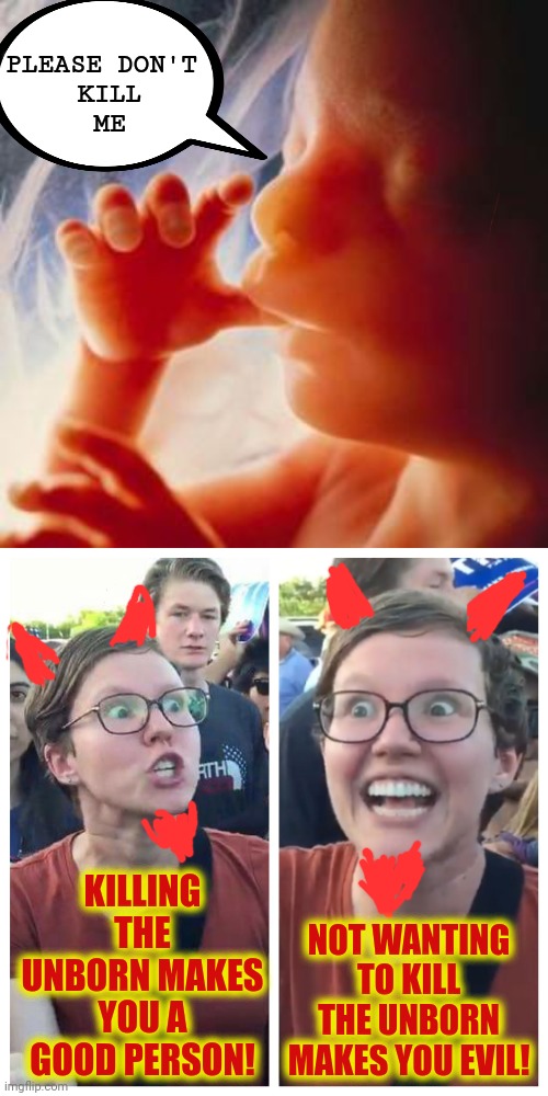 The Absurdity - Satan knows how to deceive us | PLEASE DON'T 
KILL
ME; KILLING THE UNBORN MAKES YOU A GOOD PERSON! NOT WANTING TO KILL THE UNBORN MAKES YOU EVIL! | image tagged in fetus,abortion,deception,satan,memes,intellectually absurd | made w/ Imgflip meme maker