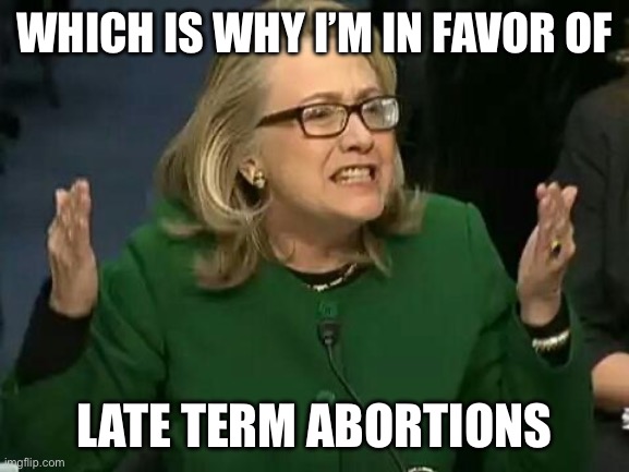 hillary what difference does it make | WHICH IS WHY I’M IN FAVOR OF LATE TERM ABORTIONS | image tagged in hillary what difference does it make | made w/ Imgflip meme maker
