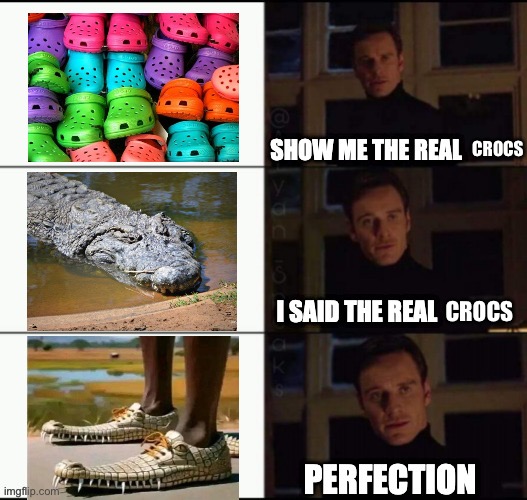 Crocs | CROCS; CROCS | image tagged in show me the real,crocs,crocodile,shoes | made w/ Imgflip meme maker