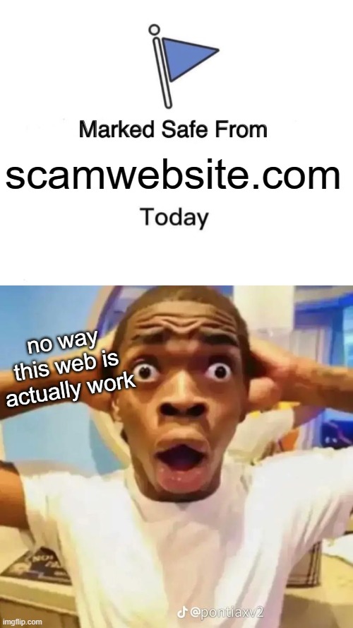 scamwebsite.com; no way this web is actually work | image tagged in memes,marked safe from,shocked black guy | made w/ Imgflip meme maker