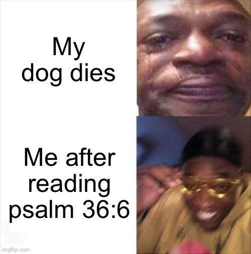 If ykyk | My dog dies; Me after reading psalm 36:6 | image tagged in sad happy,bible verse,man,animals | made w/ Imgflip meme maker
