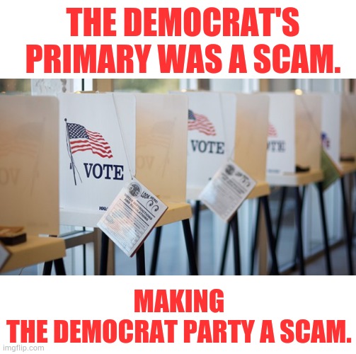 The Scamming Democrat Party | THE DEMOCRAT'S PRIMARY WAS A SCAM. MAKING THE DEMOCRAT PARTY A SCAM. | image tagged in voting booth,primary,democrat party,scam,memes,politics | made w/ Imgflip meme maker