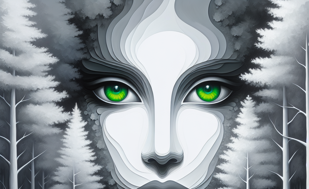 High Quality grey forest backround, large white face with green eyes Blank Meme Template