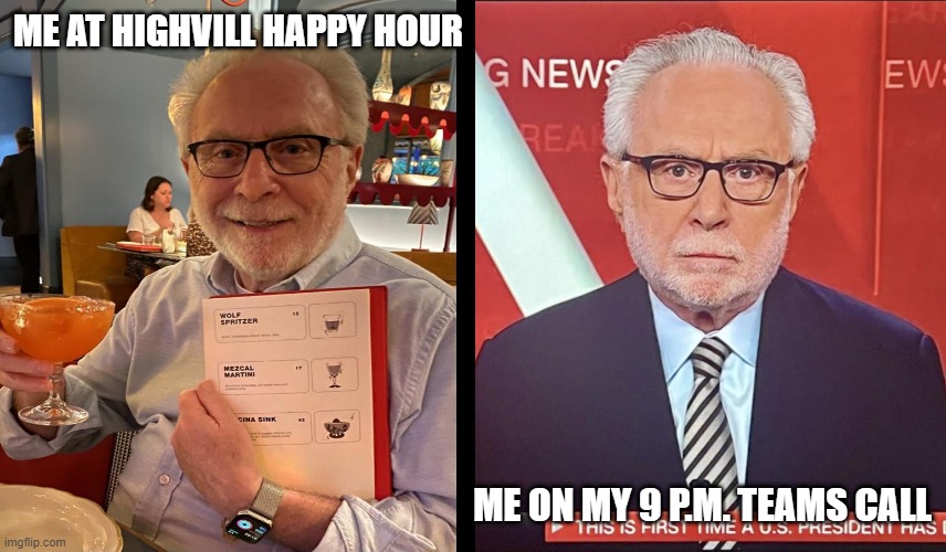 Wolf Spritzer | ME AT HIGHVILL HAPPY HOUR; ME ON MY 9 P.M. TEAMS CALL | image tagged in wolf spritzer,happy hour | made w/ Imgflip meme maker