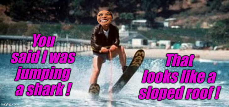 Either Way That Show Is Almost Over | You said I was jumping a shark ! That looks like a sloped roof ! | image tagged in fonzie shark,political meme,politics,funny memes,funny,kamala harris | made w/ Imgflip meme maker